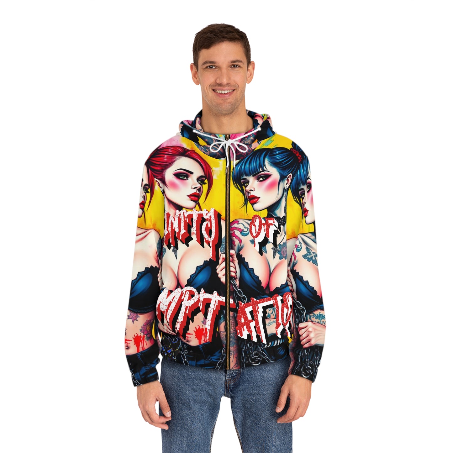 "Trinity of Temptation" Men's Full-Zip Hoodie - Bold Graphic Print Comfortable Wear