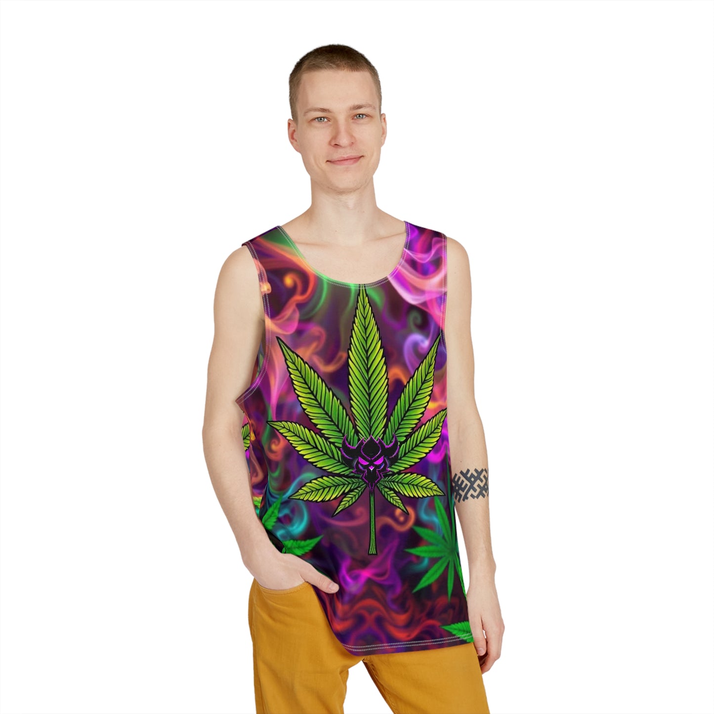 Psychedelic Cannabis Men's Tank Top - Bold Colors & Leaf Design