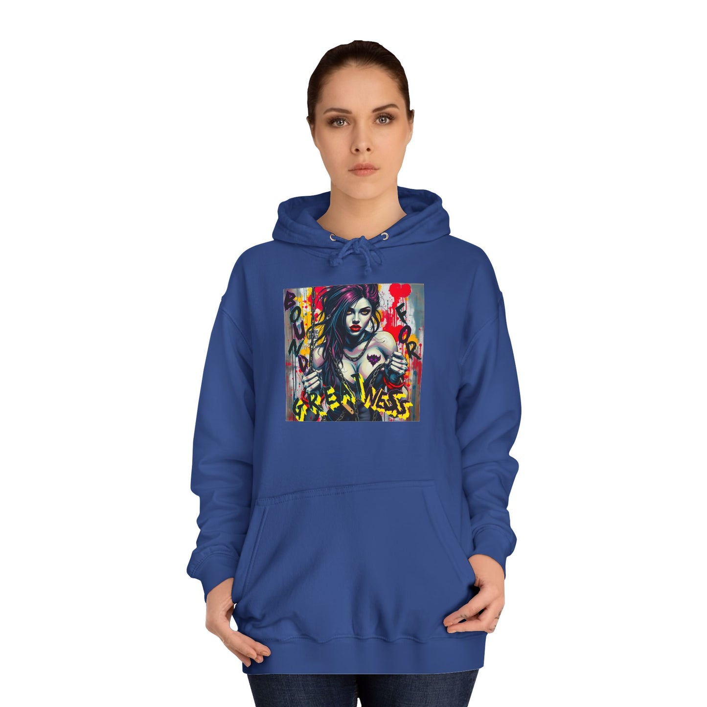 "Bound for Greatness" Artistic Unisex College Hoodie – Vibrant Design for Creative Souls