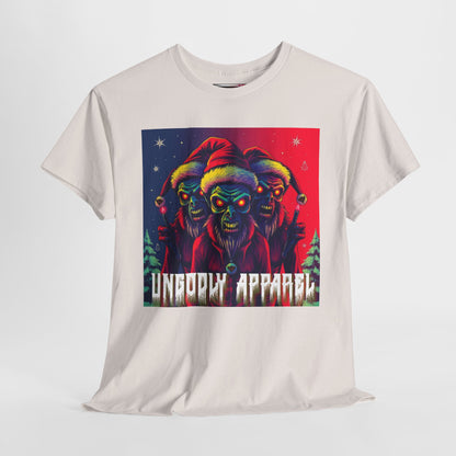 Unisex Heavy Cotton T-Shirt - Zombie Holiday Elves Graphic Tee for Casual Wear