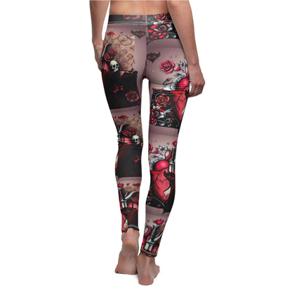 "Tangled Hearts" Gothic Floral Leggings - Stylish Black & Red Casual Leggings for Women