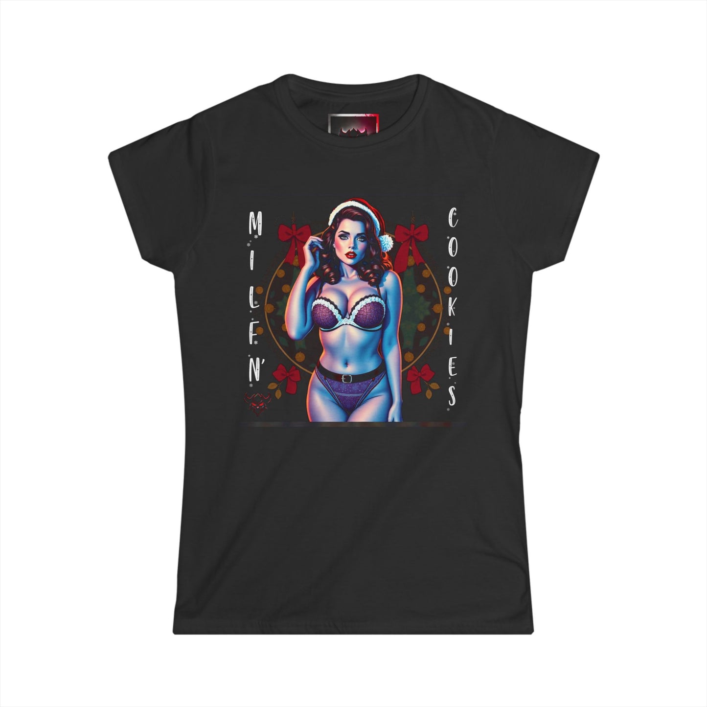 Holiday Festive Pin-Up Style Women's Softstyle T-Shirt - "Milf N' Cookies" Graphic T-Shirt