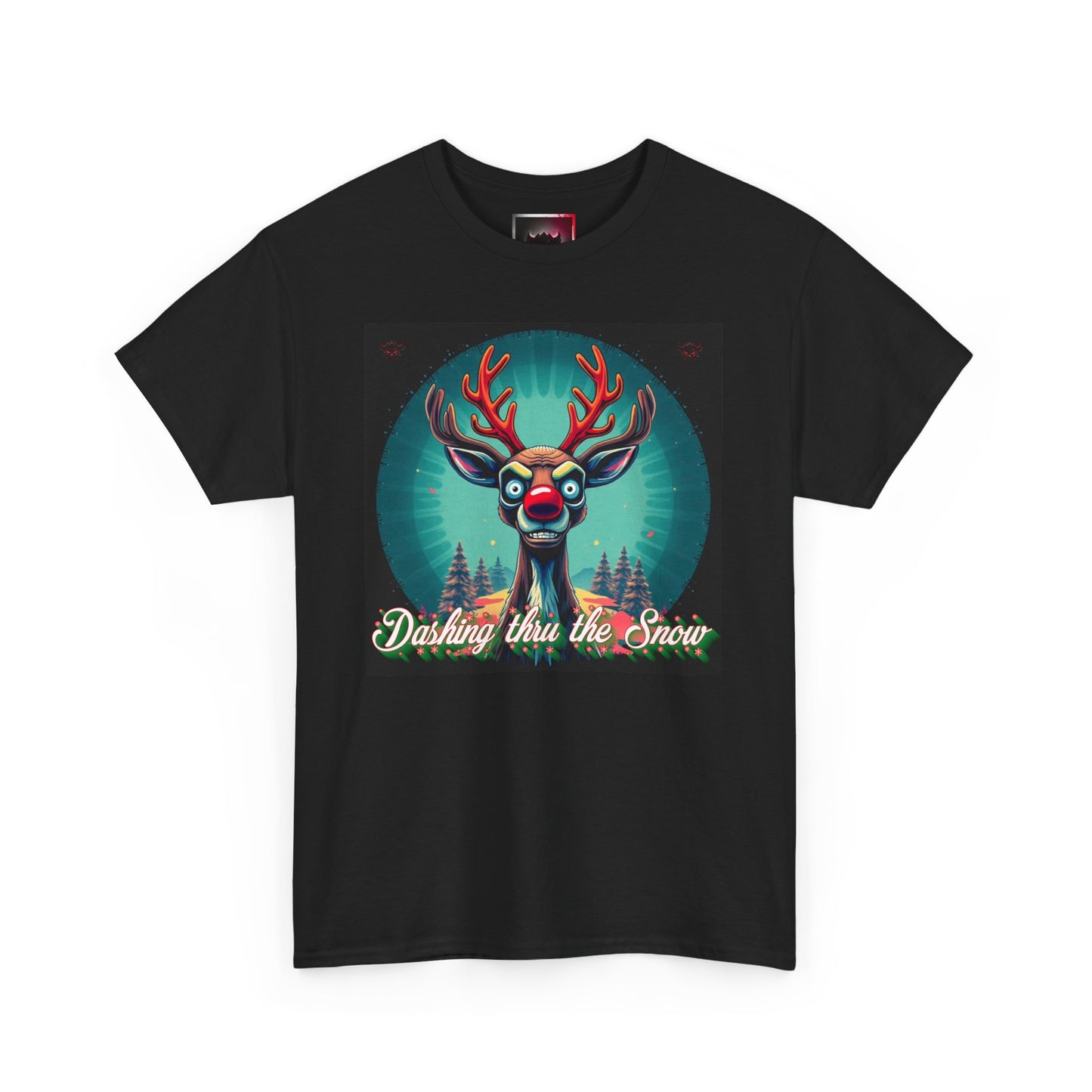 Dashing Thru the Snow Unisex Heavy Cotton T-Shirt- Fun Holiday Rudolph the Red Nose Reindeer Graphic Shirt