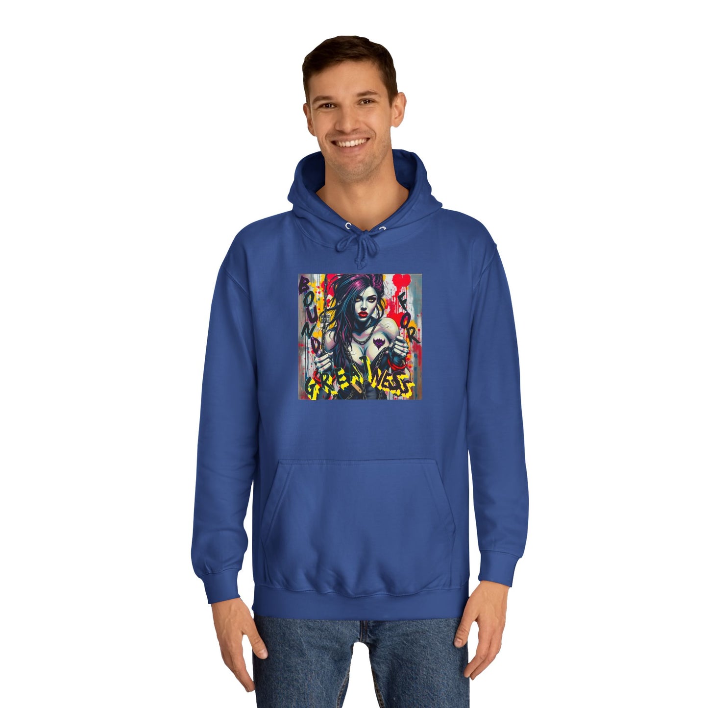 "Bound for Greatness" Artistic Unisex College Hoodie – Vibrant Design for Creative Souls