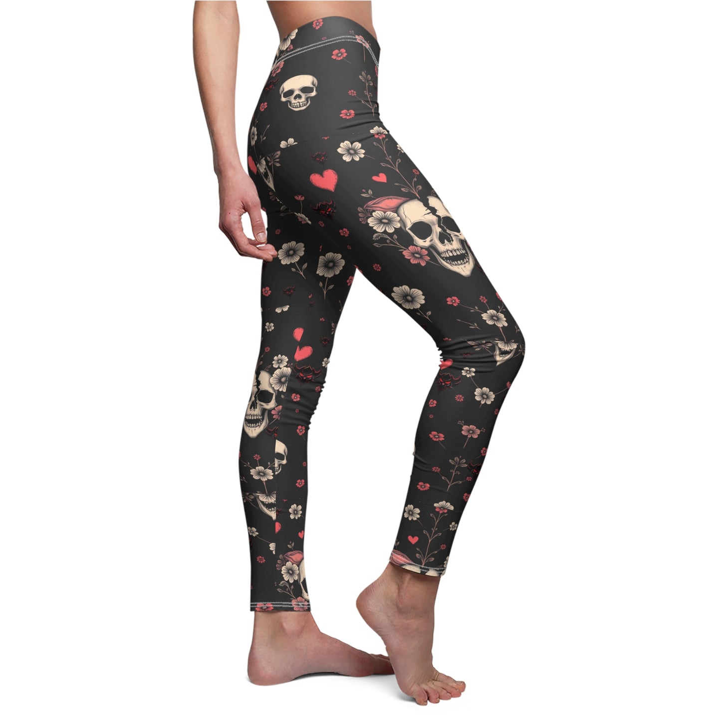 "Dead Love" Gothic Floral Leggings for Women - Skull & Heart Design