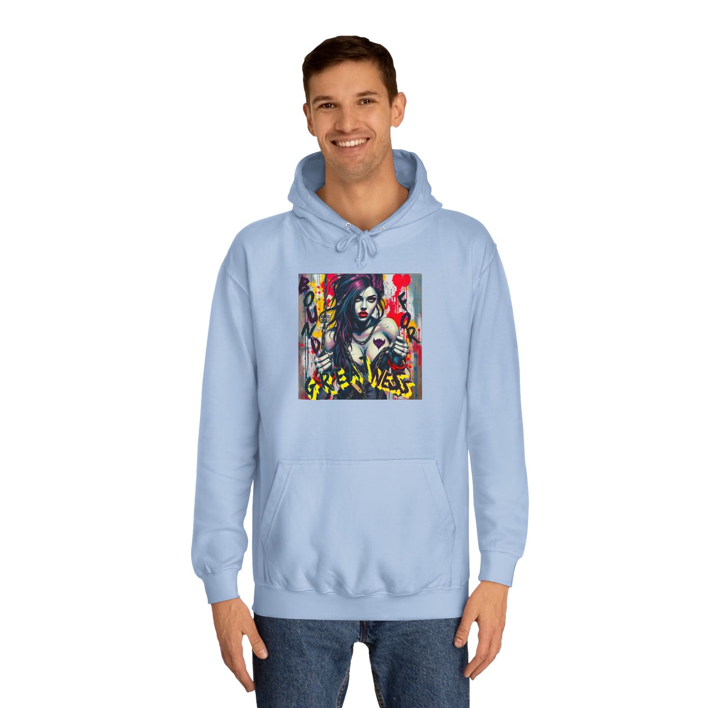 "Bound for Greatness" Artistic Unisex College Hoodie – Vibrant Design for Creative Souls