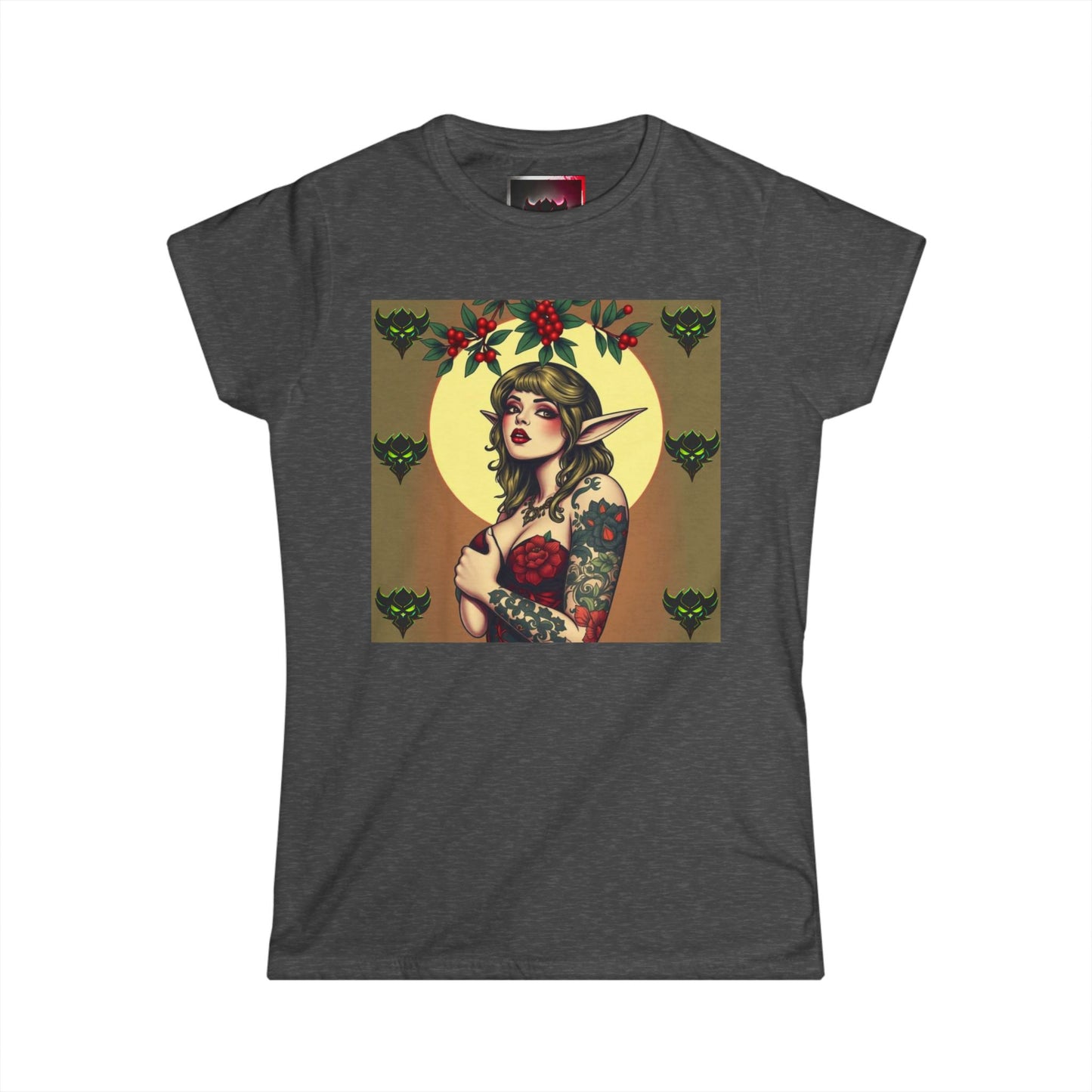 Vintage Green Mistletoe Elf- Women's Softstyle Tee- Boho Chic Graphic T-Shirt