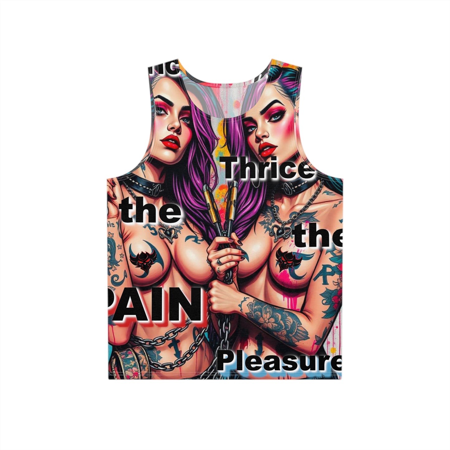 "Thrice the Pain, Thrice the Pleasure" Bold Graphic Men's Tank Top: Tattooed Style for Hot Summer Days