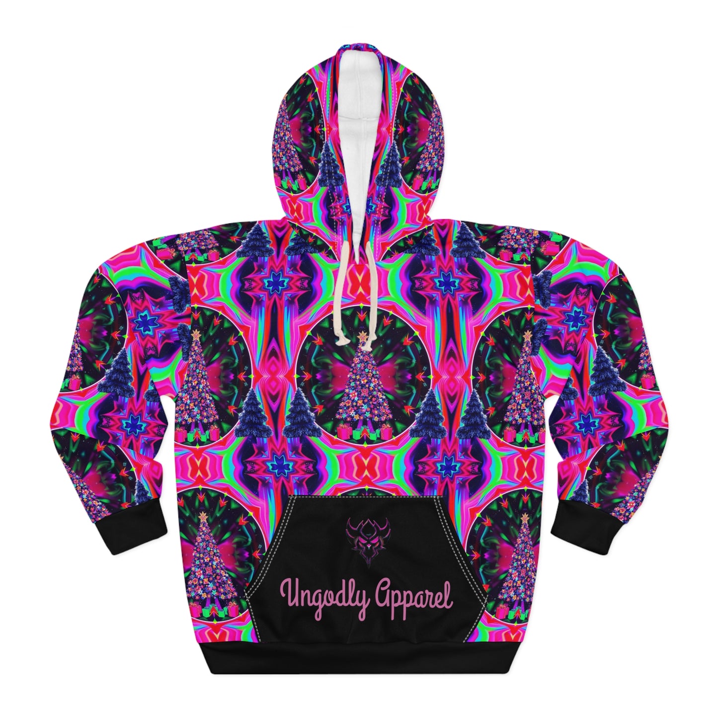 Vibrant Psychedelic Christmas Tree Unisex Pullover Hoodie | Ungodly Apparel | Perfect for Festivals & Everyday Style