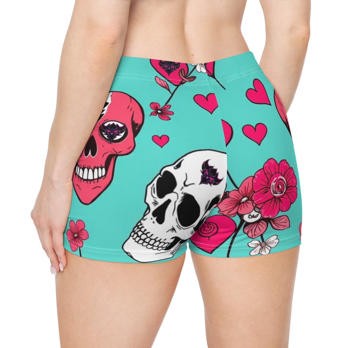 Vibrant Skull & Heart Print Women's Shorts - Floral Heart Design for Festivals & Everyday Wear