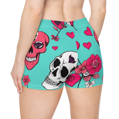 Vibrant Skull & Heart Print Women's Shorts - Floral Heart Design for Festivals & Everyday Wear