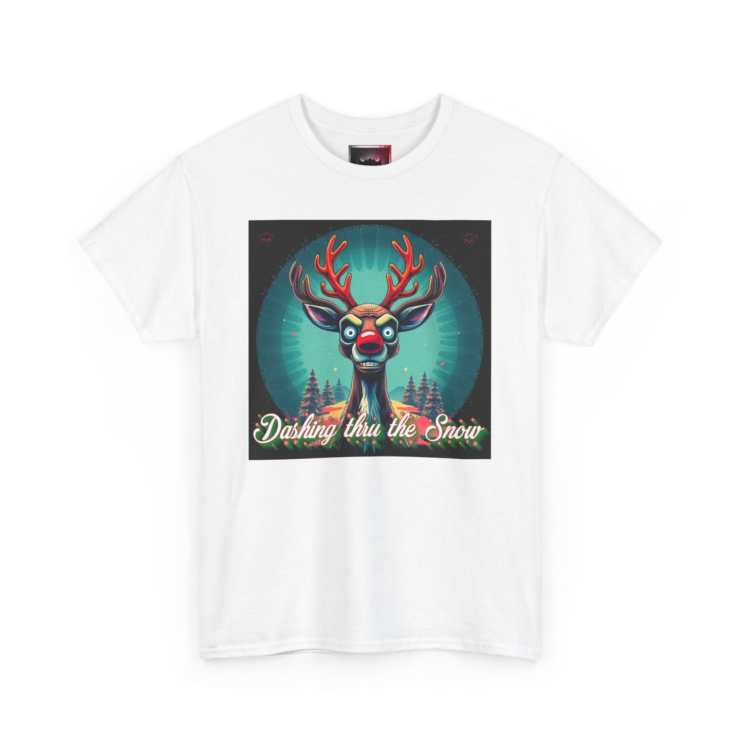 Dashing Thru the Snow Unisex Heavy Cotton T-Shirt- Fun Holiday Rudolph the Red Nose Reindeer Graphic Shirt