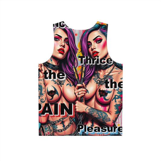 "Thrice the Pain, Thrice the Pleasure" Bold Graphic Men's Tank Top: Tattooed Style for Hot Summer Days