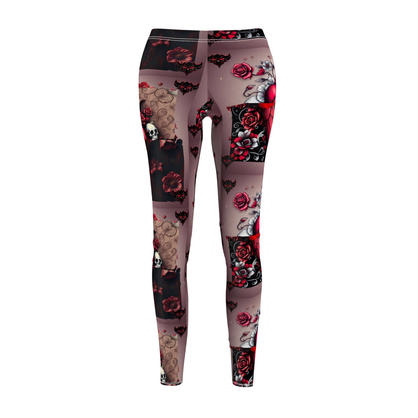 "Tangled Hearts" Gothic Floral Leggings - Stylish Black & Red Casual Leggings for Women