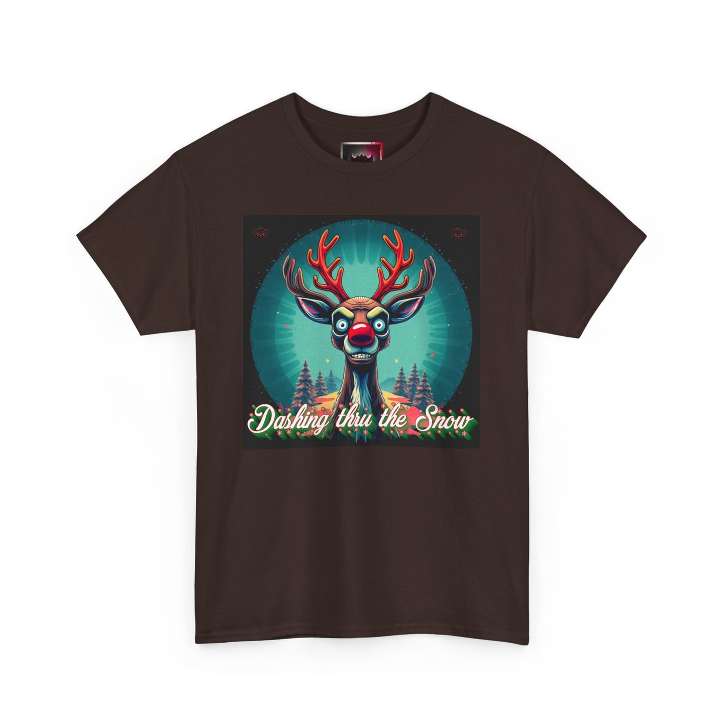 Dashing Thru the Snow Unisex Heavy Cotton T-Shirt- Fun Holiday Rudolph the Red Nose Reindeer Graphic Shirt