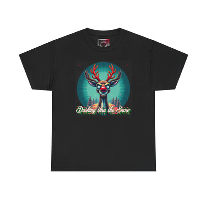 Dashing Thru the Snow Unisex Heavy Cotton T-Shirt- Fun Holiday Rudolph the Red Nose Reindeer Graphic Shirt