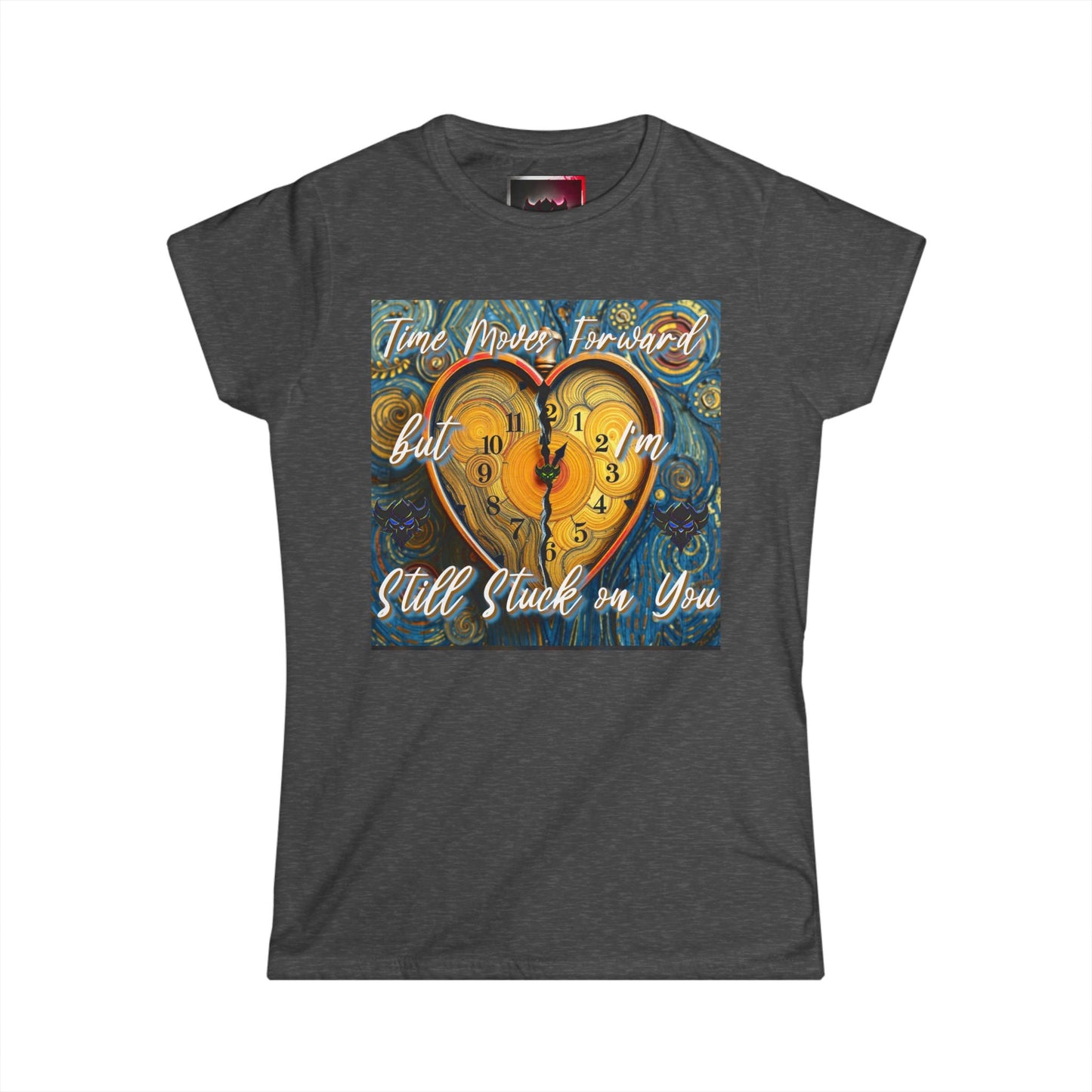 Romantic Heart Clock Women's Softstyle Tee - 'Time Moves Forward, But I'm Still Stuck on You'