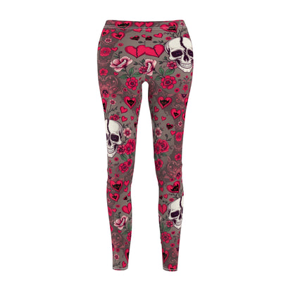 Skull & Roses Casual Leggings for Women - Gothic Floral Pattern