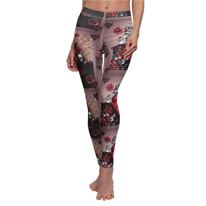 "Tangled Hearts" Gothic Floral Leggings - Stylish Black & Red Casual Leggings for Women