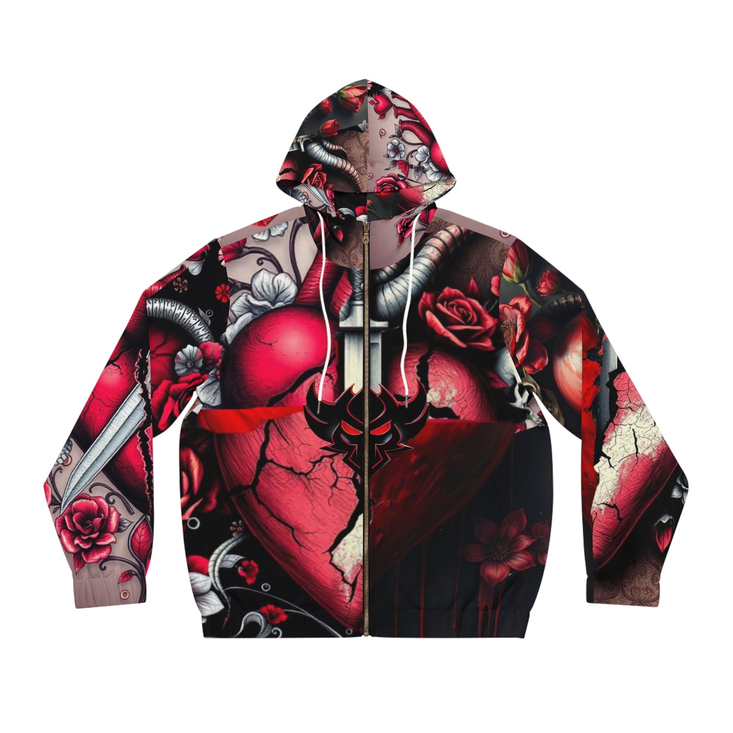 "Tangled Hearts" Gothic Heart Design Men's Full-Zip Hoodie - Perfect for Halloween & Bold Style