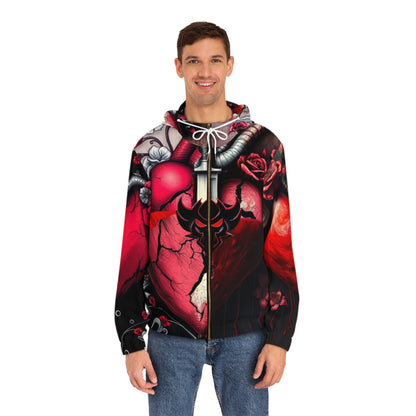 "Tangled Hearts" Gothic Heart Design Men's Full-Zip Hoodie - Perfect for Halloween & Bold Style