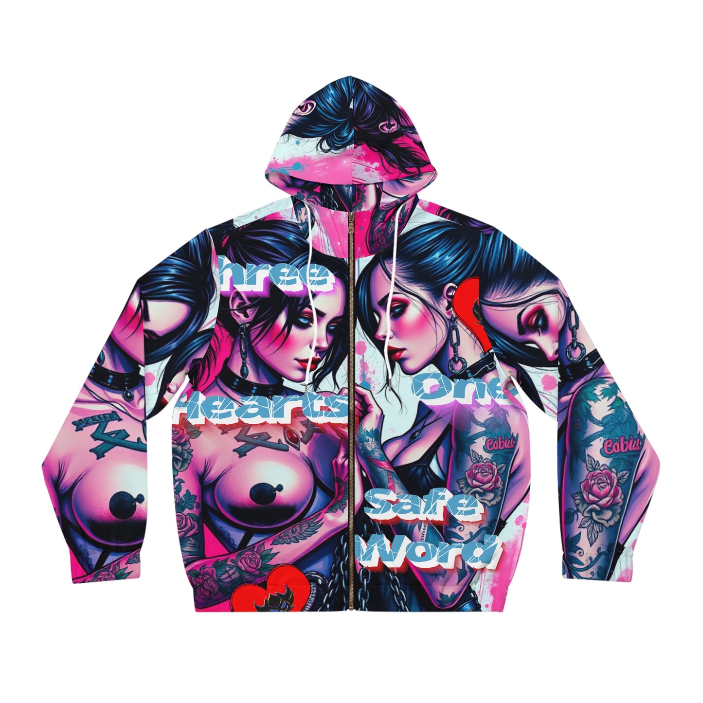 "3 Hearts" Vibrant Tattoo Art Full-Zip Hoodie for Bold Style