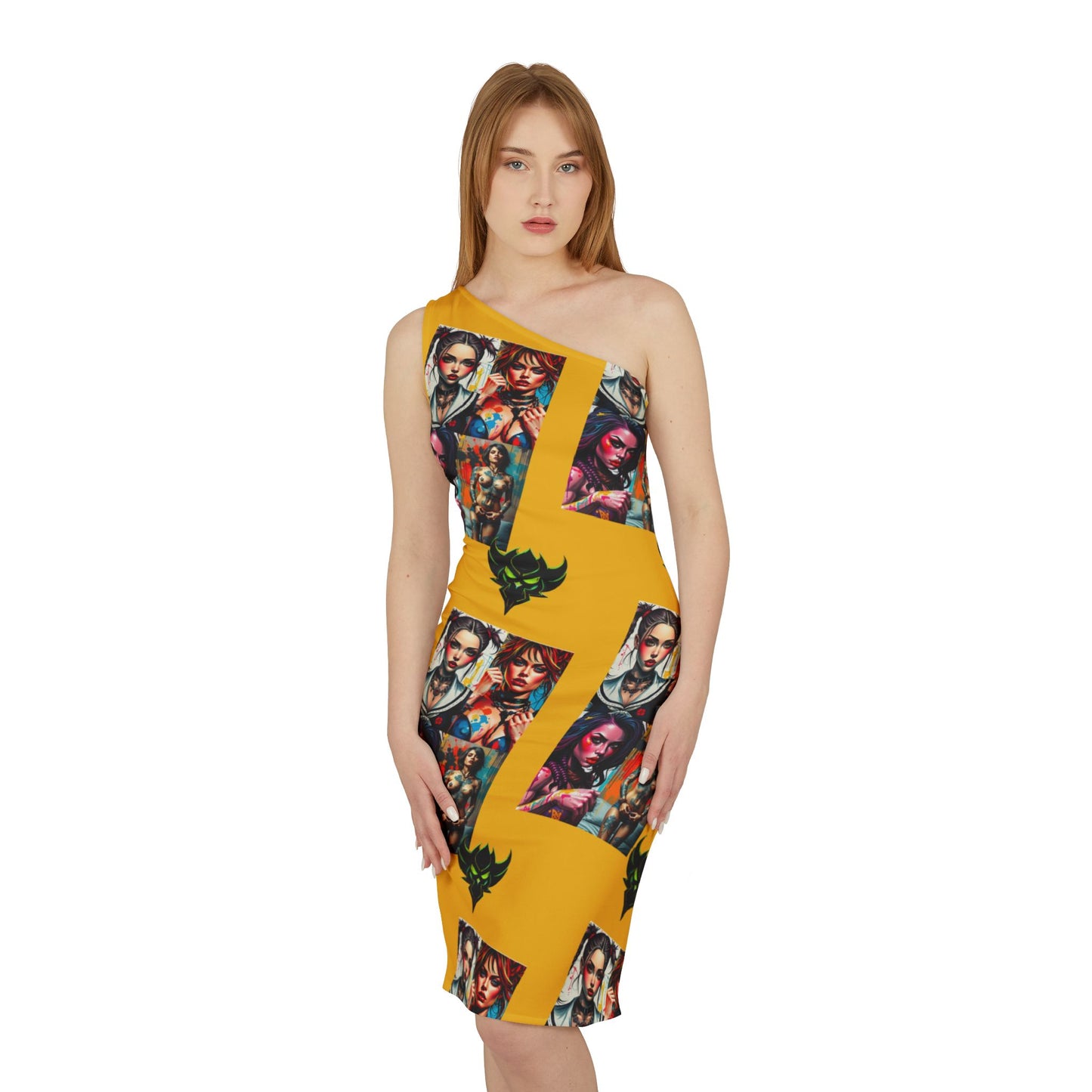 "Fetish" Artistic One-Shoulder Dress with Bold Graphics - Perfect for Summer Outings and Special Events