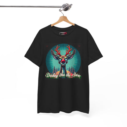 Dashing Thru the Snow Unisex Heavy Cotton T-Shirt- Fun Holiday Rudolph the Red Nose Reindeer Graphic Shirt