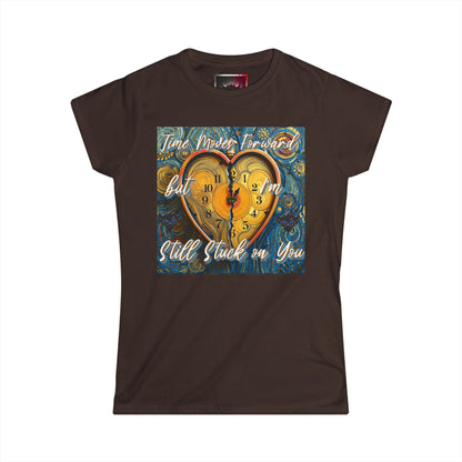 Romantic Heart Clock Women's Softstyle Tee - 'Time Moves Forward, But I'm Still Stuck on You'