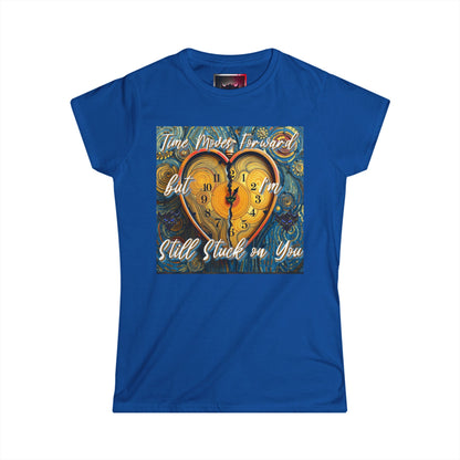 Romantic Heart Clock Women's Softstyle Tee - 'Time Moves Forward, But I'm Still Stuck on You'