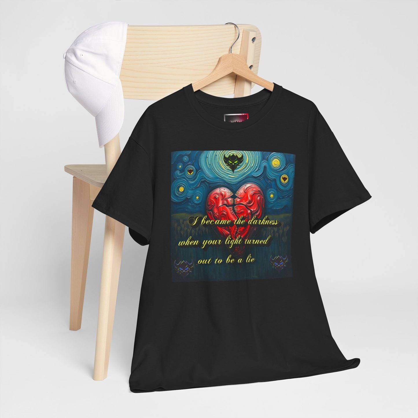 Inspiring Unisex Heavy Cotton Tee - "I Became the Darkness When Your Light Turned Out to Be a Lie" Design