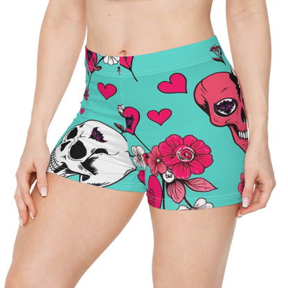 Vibrant Skull & Heart Print Women's Shorts - Floral Heart Design for Festivals & Everyday Wear