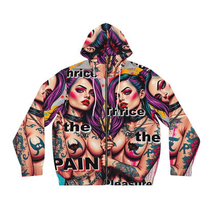 Bold Graphic Tattoo Hoodie for Men -"Thrice the Pain, Thrice the Pleasure" Design