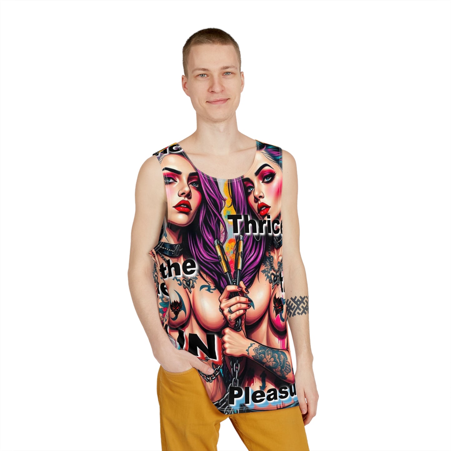 "Thrice the Pain, Thrice the Pleasure" Bold Graphic Men's Tank Top: Tattooed Style for Hot Summer Days