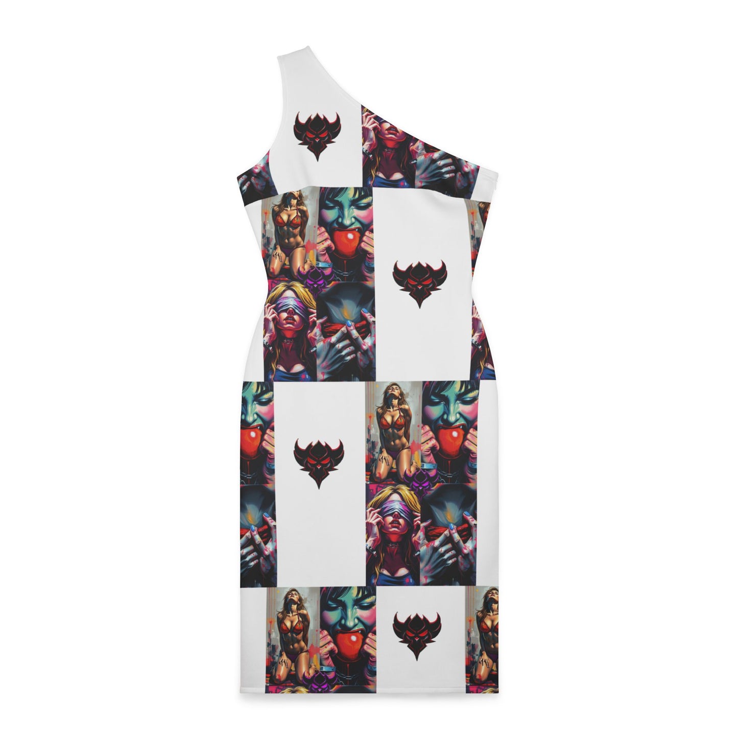 "Ungodly Kinks" Vibrant Graphic Shoulder Dress - Bold Art for Fashion-Forward Women