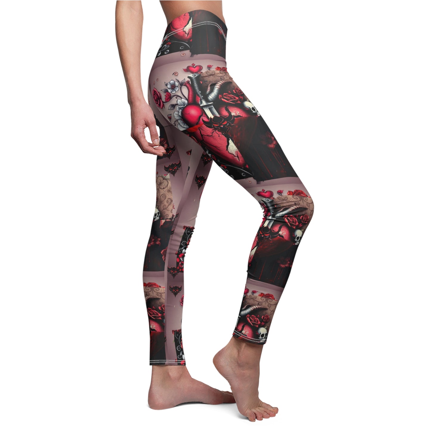 "Tangled Hearts" Gothic Floral Leggings - Stylish Black & Red Casual Leggings for Women