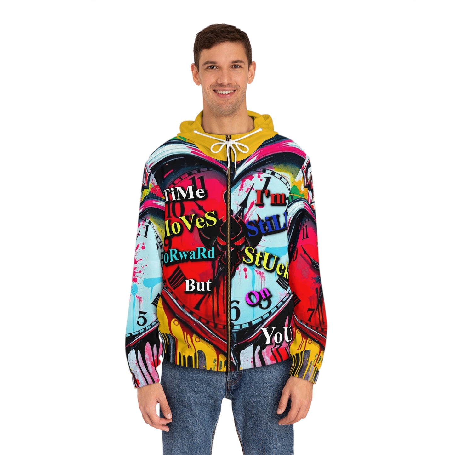 Colorful Artistic Men's Full-Zip Hoodie - "Time Moves Forward But I'm Still Stuck on You"