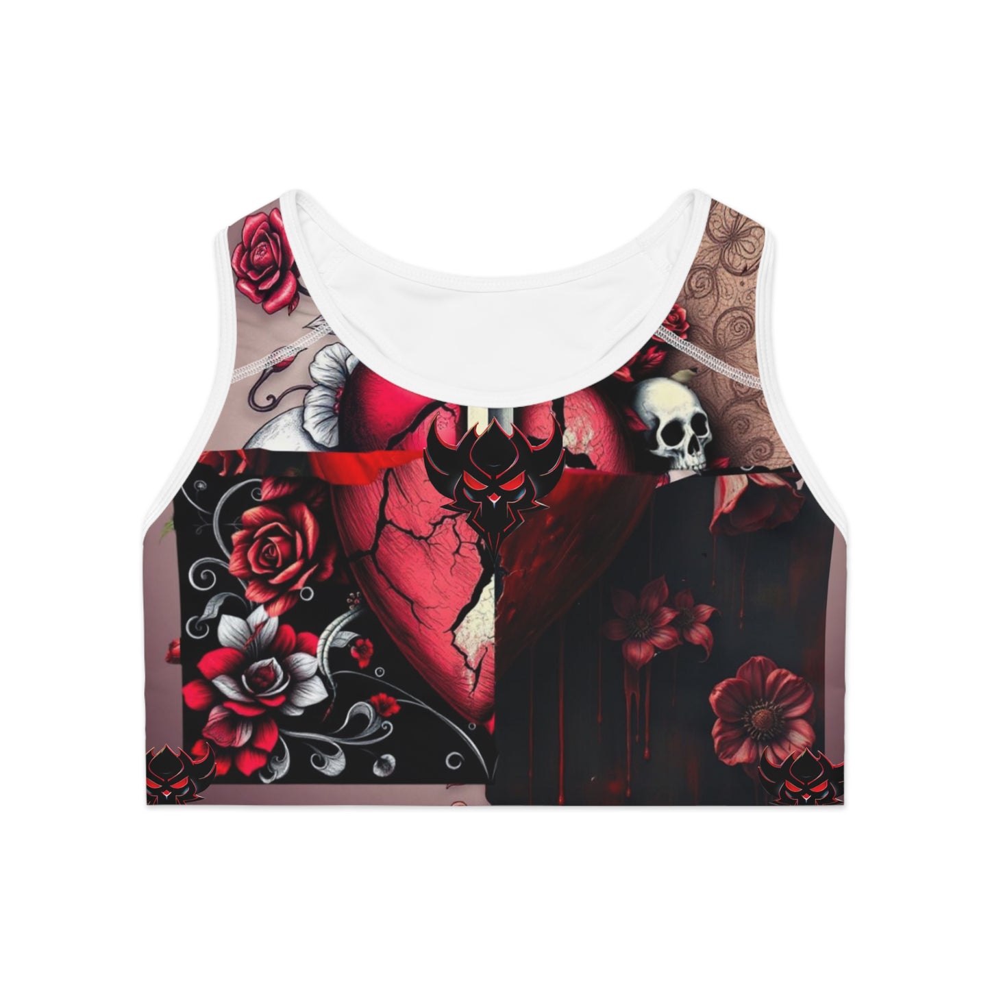 "Tangled Hearts" Gothic Floral Sports Bra - Edgy Fitness Apparel with Heart & Skull Design