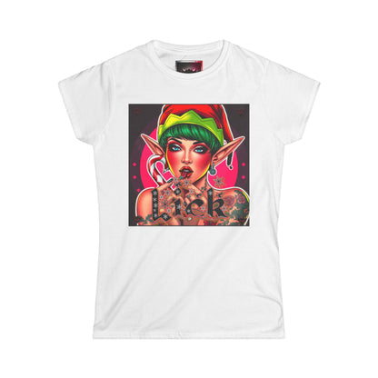 Candy Cane "Lick" Elf pinup -Women's Softstyle T-Shirt- Fun Holiday Elf Design