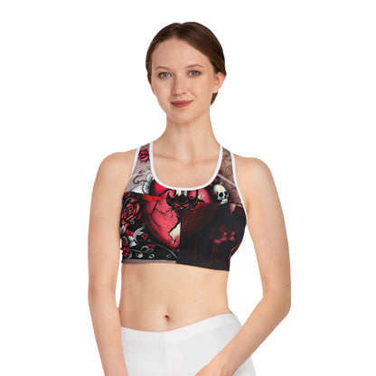 "Tangled Hearts" Gothic Floral Sports Bra - Edgy Fitness Apparel with Heart & Skull Design