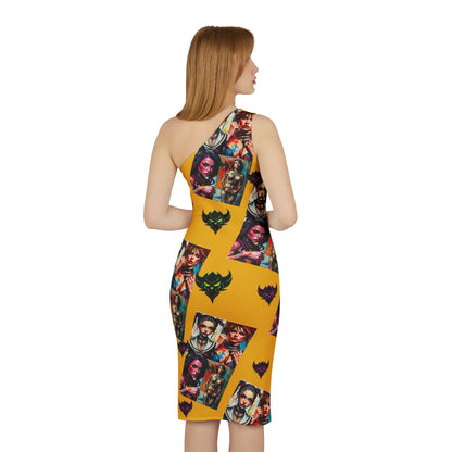 "Fetish" Artistic One-Shoulder Dress with Bold Graphics - Perfect for Summer Outings and Special Events