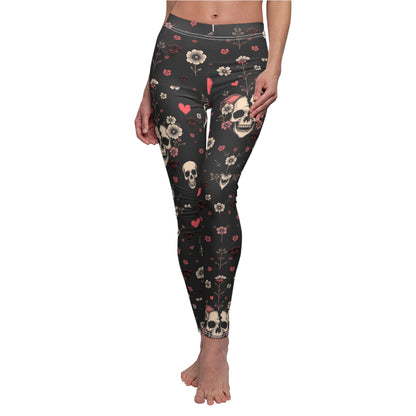 "Dead Love" Gothic Floral Leggings for Women - Skull & Heart Design