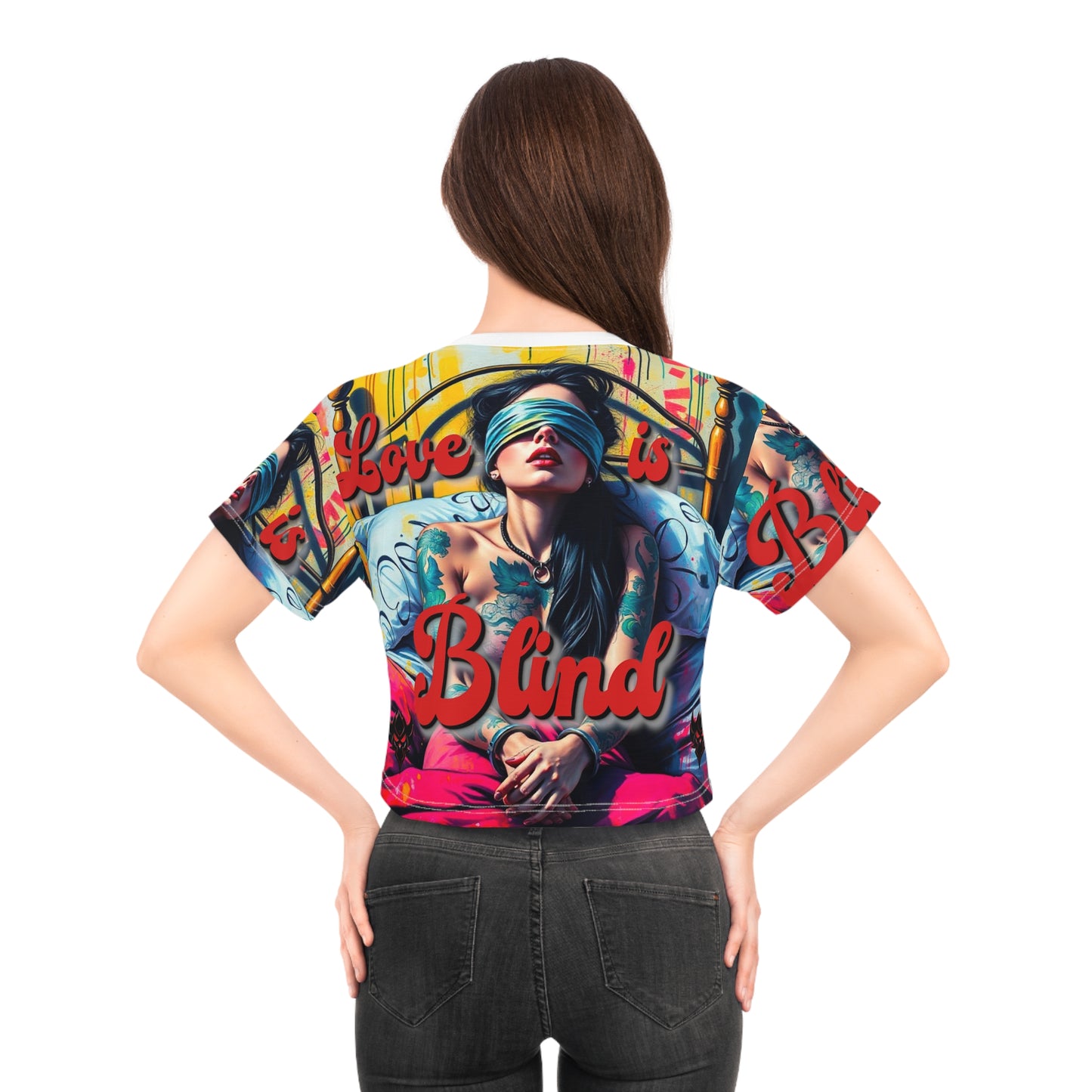 Vibrant "Love is Blind" Crop Tee - Edgy Graphic Top for Fashion-Forward Souls