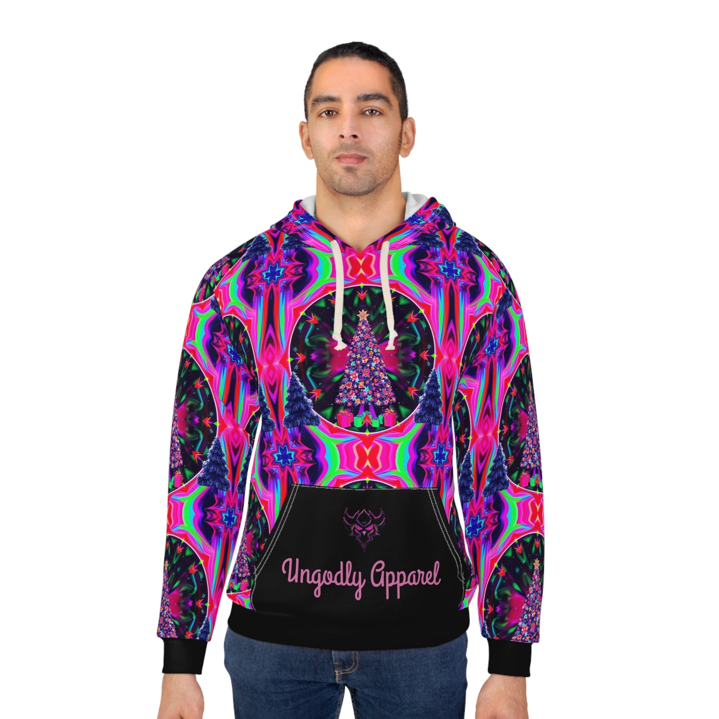 Vibrant Psychedelic Christmas Tree Unisex Pullover Hoodie | Ungodly Apparel | Perfect for Festivals & Everyday Style