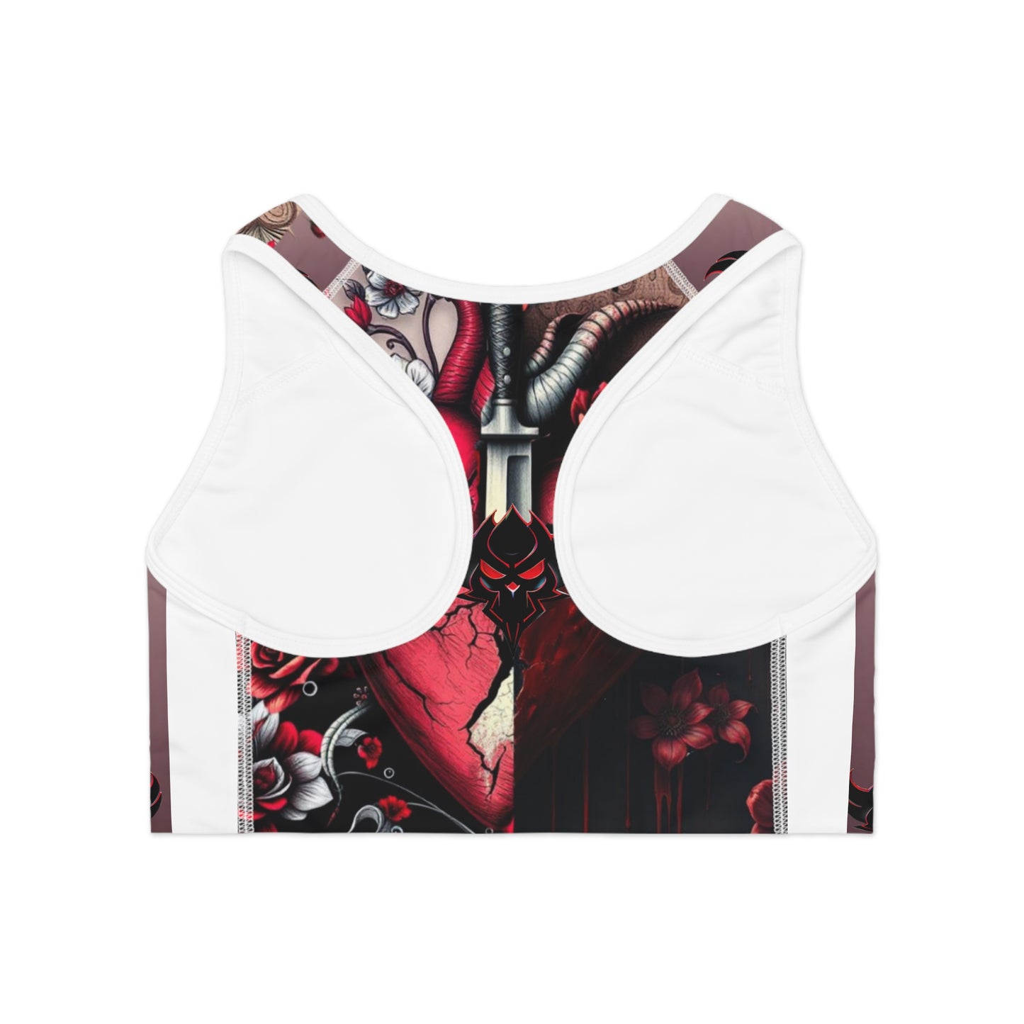 "Tangled Hearts" Gothic Floral Sports Bra - Edgy Fitness Apparel with Heart & Skull Design