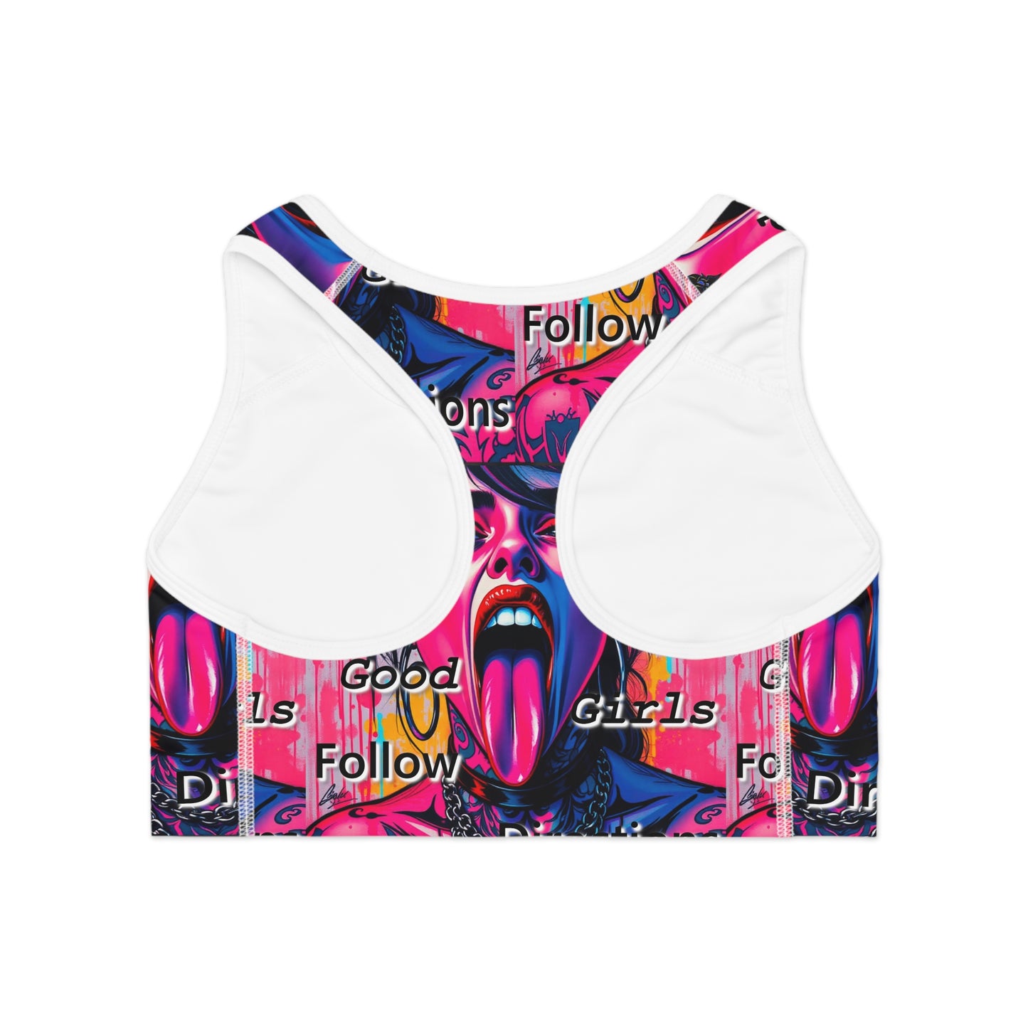 Bold Graphic Sports Bra for Active Women - "Good Girls Follow Directions" Design