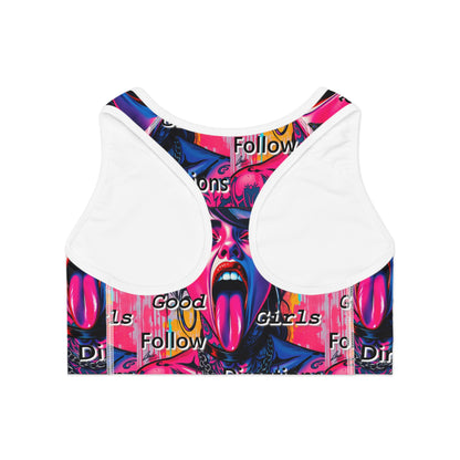 Bold Graphic Sports Bra for Active Women - "Good Girls Follow Directions" Design