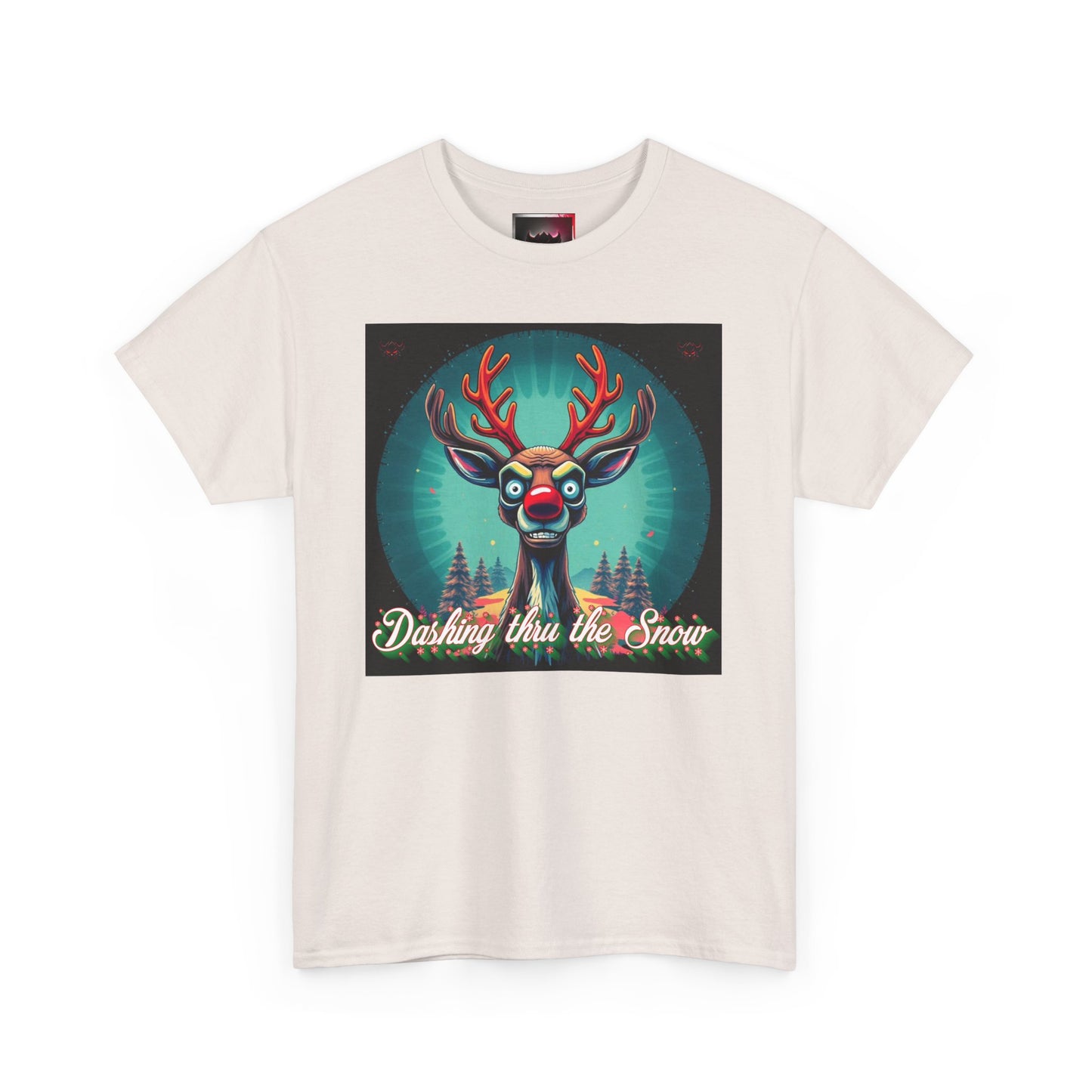 Dashing Thru the Snow Unisex Heavy Cotton T-Shirt- Fun Holiday Rudolph the Red Nose Reindeer Graphic Shirt