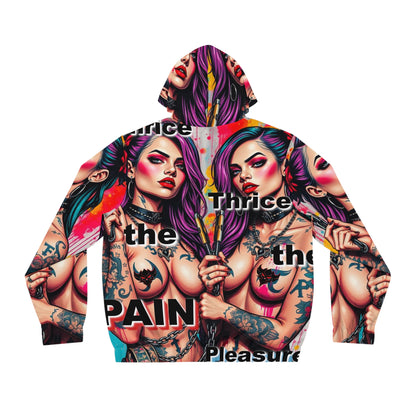 Bold Graphic Tattoo Hoodie for Men -"Thrice the Pain, Thrice the Pleasure" Design