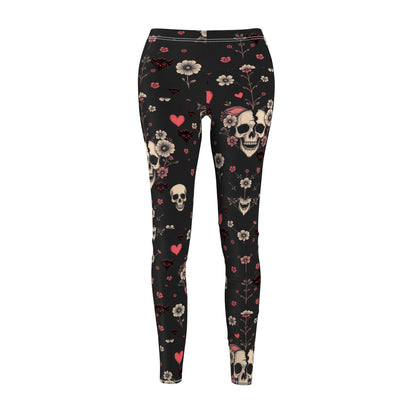 "Dead Love" Gothic Floral Leggings for Women - Skull & Heart Design